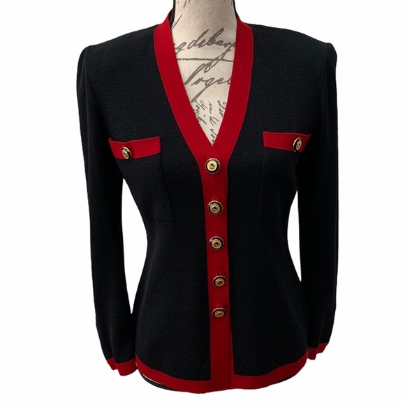 St. John Sweaters - St. John Red and Black Vneck Santana Knit Cardigan